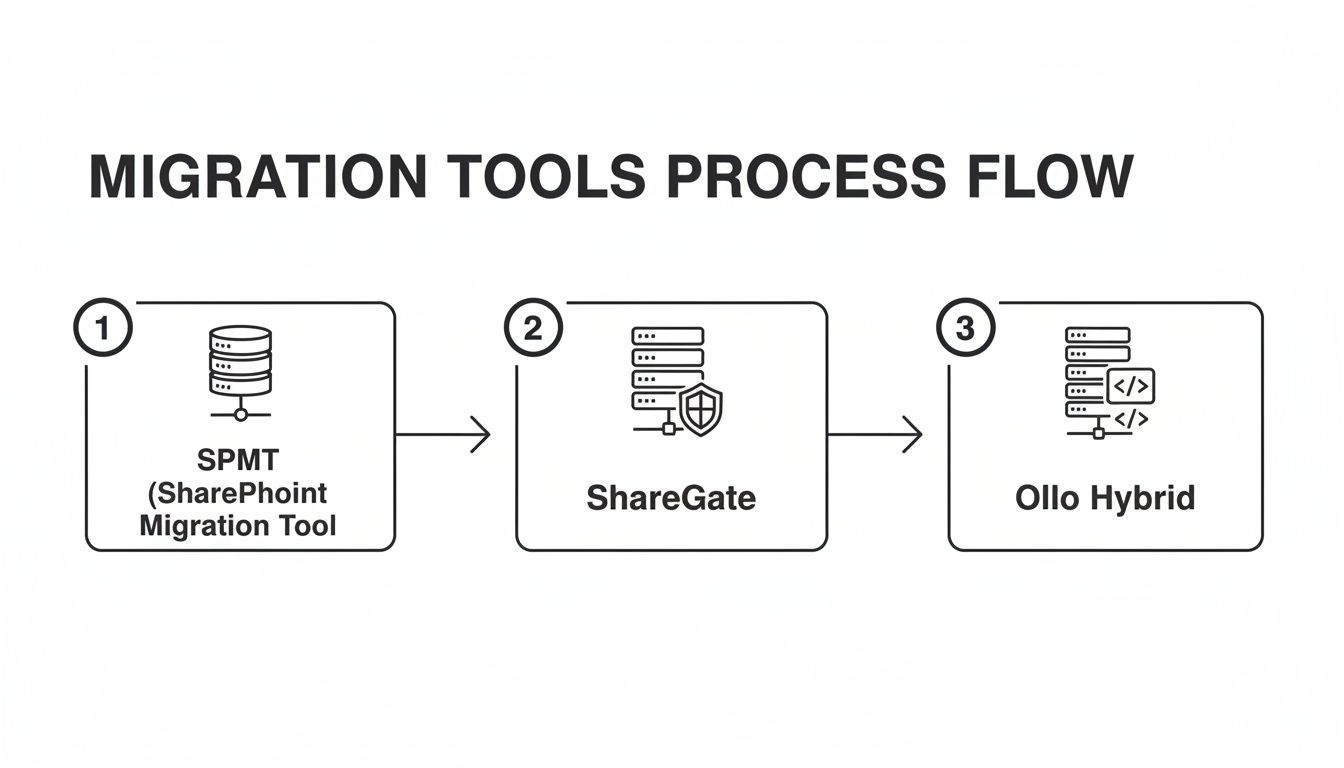 A three-step process flow illustrating migration tools: SPMT, ShareGate, and Ollo Hybrid, with icons.