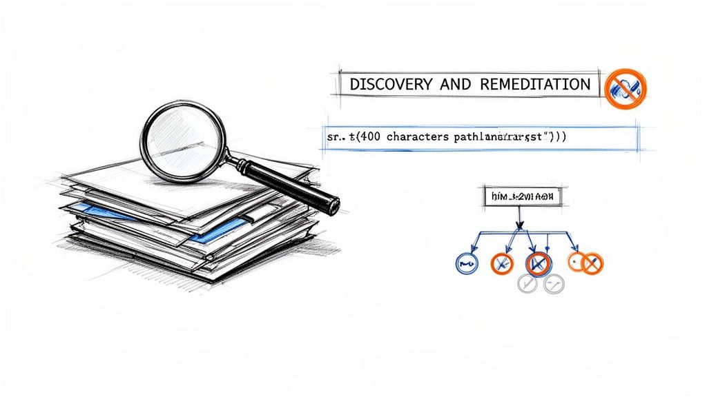 Illustrative sketch of discovery and remediation, showing documents, a magnifying glass, and a process diagram.