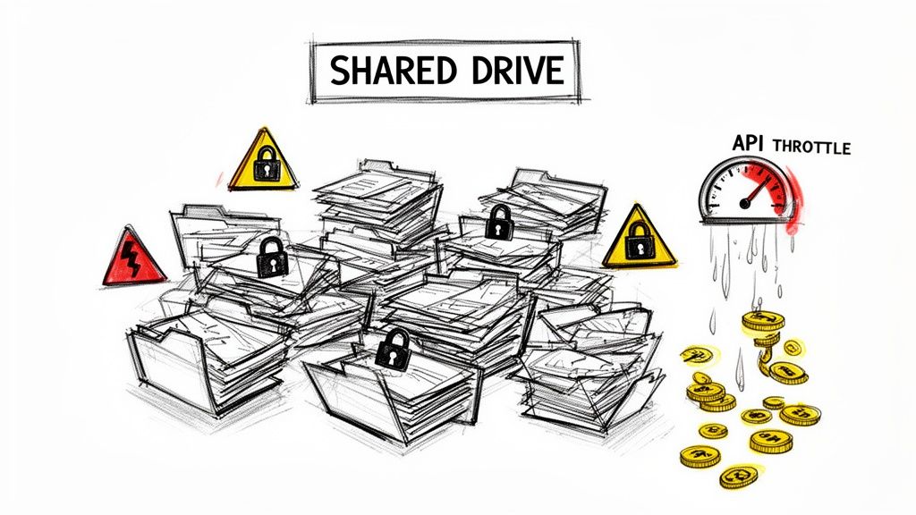 A sketch illustrating shared drive challenges: locked files, errors, API throttling, and monetary costs.