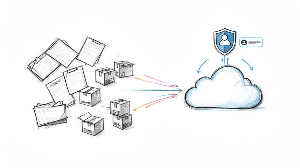 Sketch of documents and boxes migrating to a secure cloud platform with user protection.