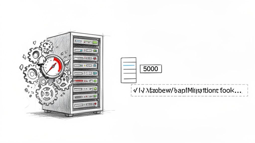A server rack with gears and a speedometer indicating high load, processing 5000 items, and a migration message.