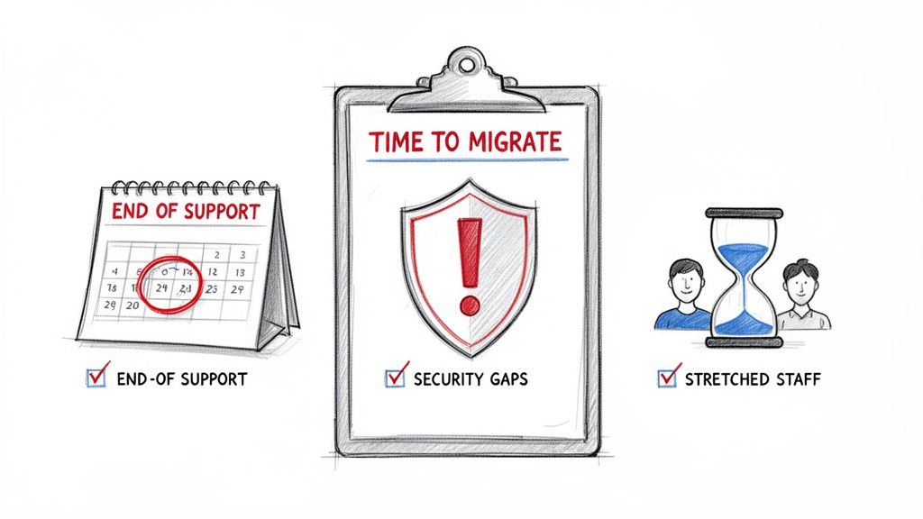 Illustrates reasons for software migration: end of support, security gaps, and stretched staff with a deadline.