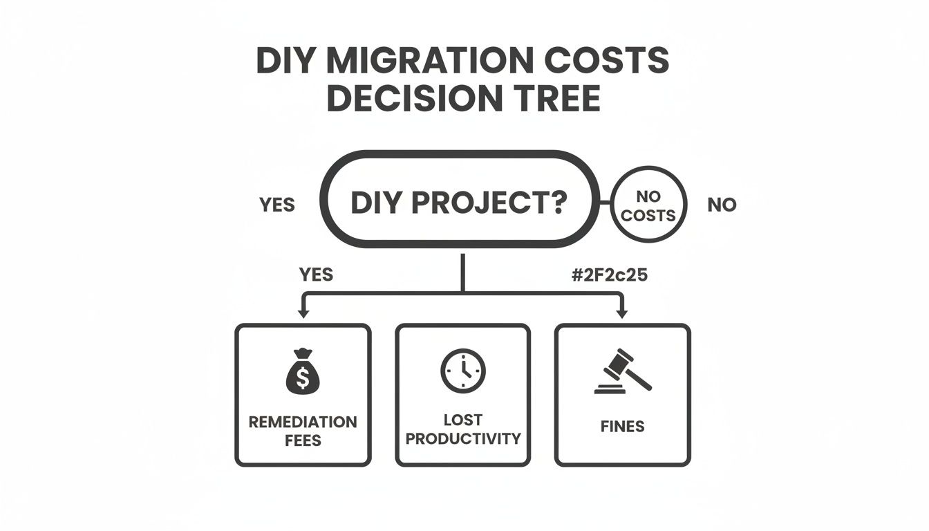 A decision tree illustrating the potential costs associated with a DIY migration project, including remediation fees, lost productivity, and fines.
