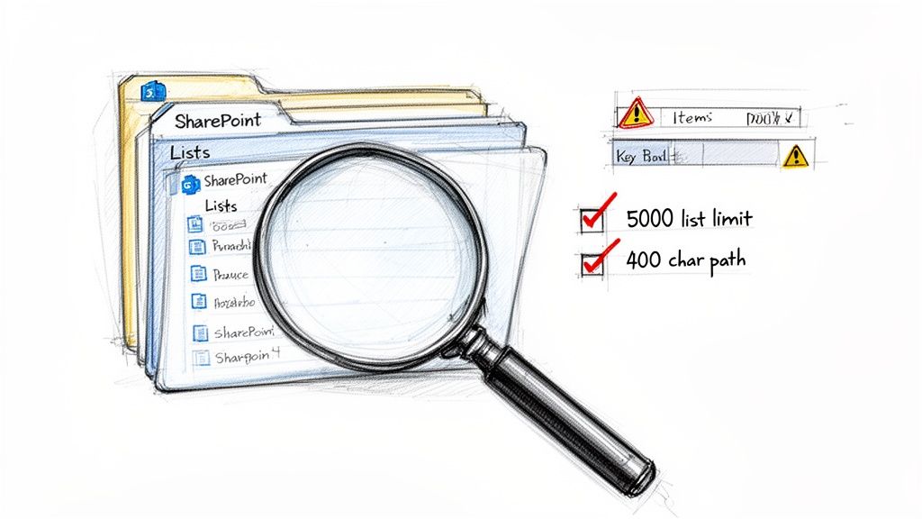 A magnifying glass examining SharePoint folders and lists, with warnings for 5000 item limit and 400 character path.