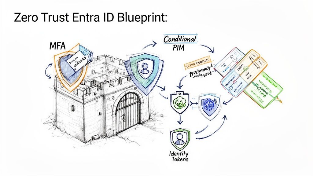 Diagram illustrating the Zero Trust Entra ID Blueprint with MFA, Conditional PIM, and Identity Tokens.