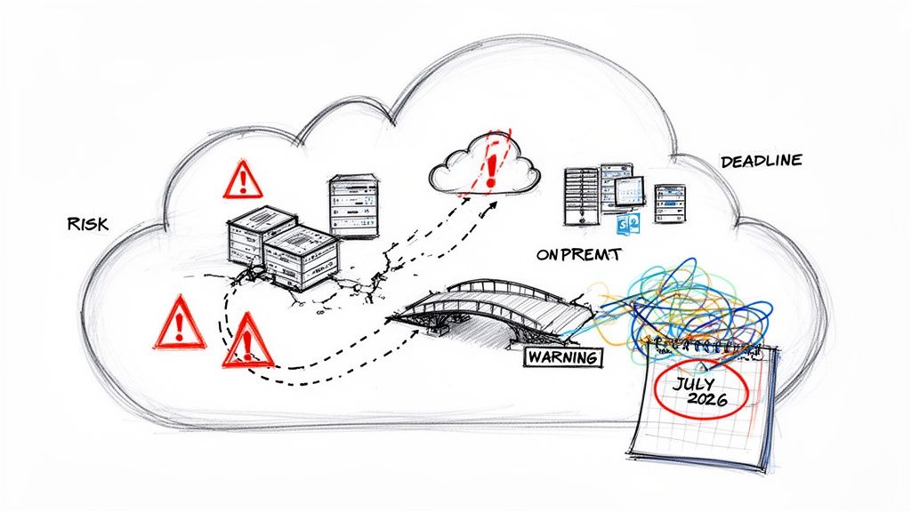 Conceptual sketch of cloud migration challenges, highlighting risks, on-premise systems, and a July 2026 deadline.