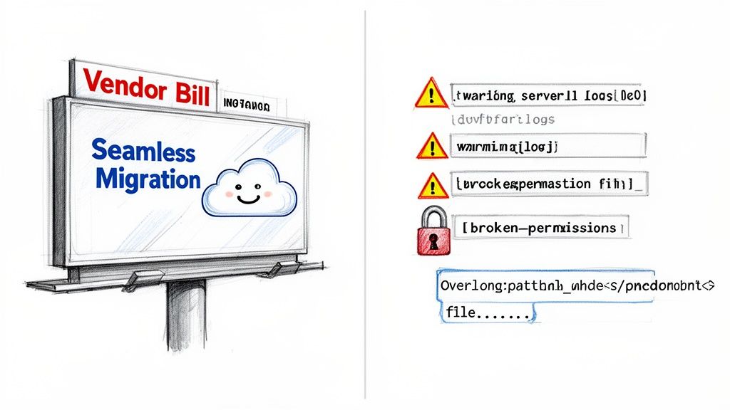 Billboard advertising 'Seamless Migration' with a happy cloud contrasts with various server errors and broken permissions.
