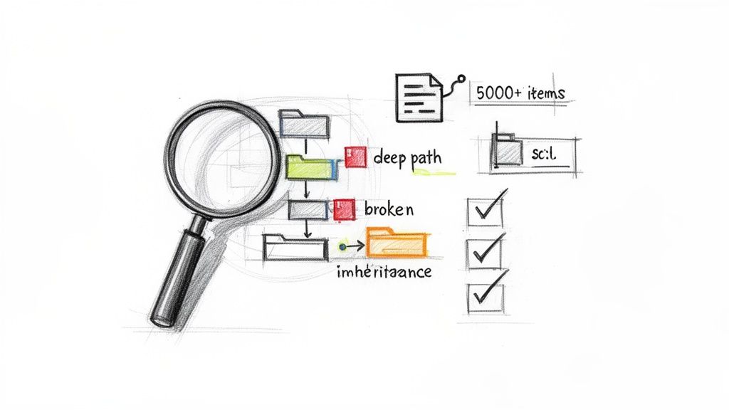 A sketch illustrating a magnifying glass examining file paths with labels like deep path, broken, and inheritance.