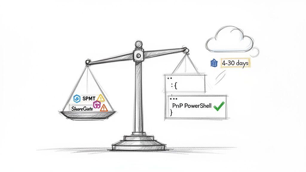 A scale balancing SPMT and ShareGate with warnings against PnP PowerShell with a checkmark and cloud migration timeline.