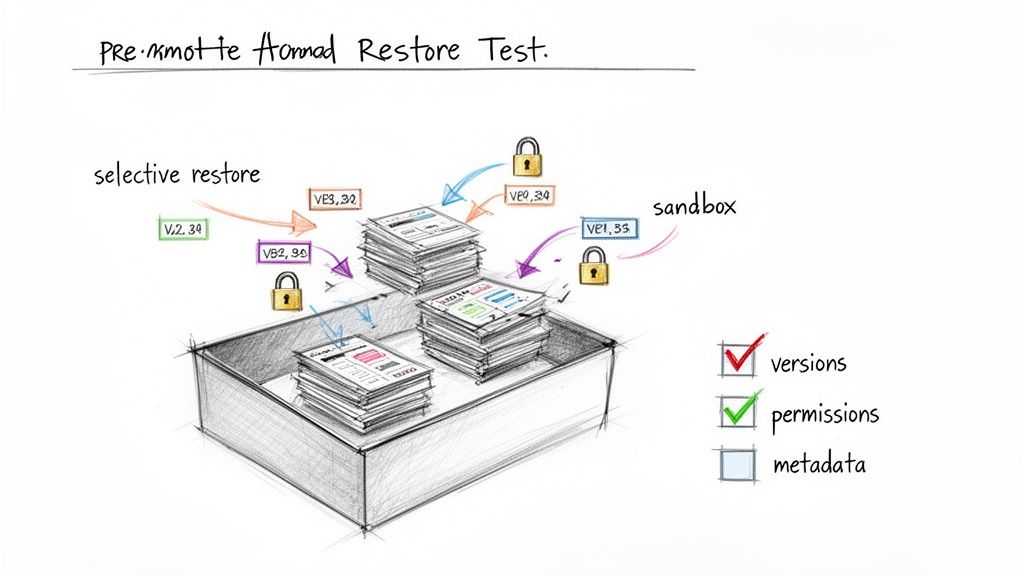 Diagram showing a pre-migration restore test, with selective file versions and permissions in a sandbox.