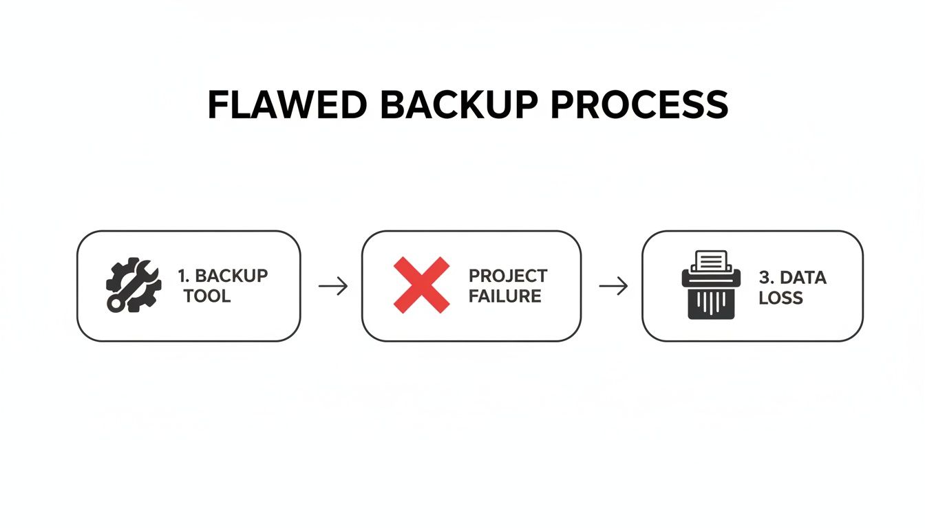 A flowchart illustrates a flawed backup process, showing a backup tool leading to project failure and ultimately data loss.