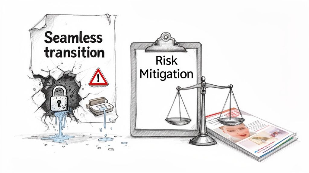 Illustration contrasting a problematic 'seamless transition' with a 'risk mitigation' strategy using a clipboard and scales.