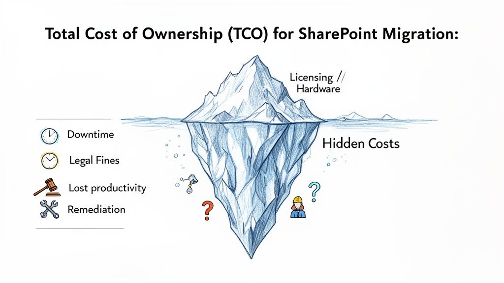 Iceberg illustration showing visible licensing/hardware costs and hidden costs like downtime, legal fines, and lost productivity for SharePoint migration.