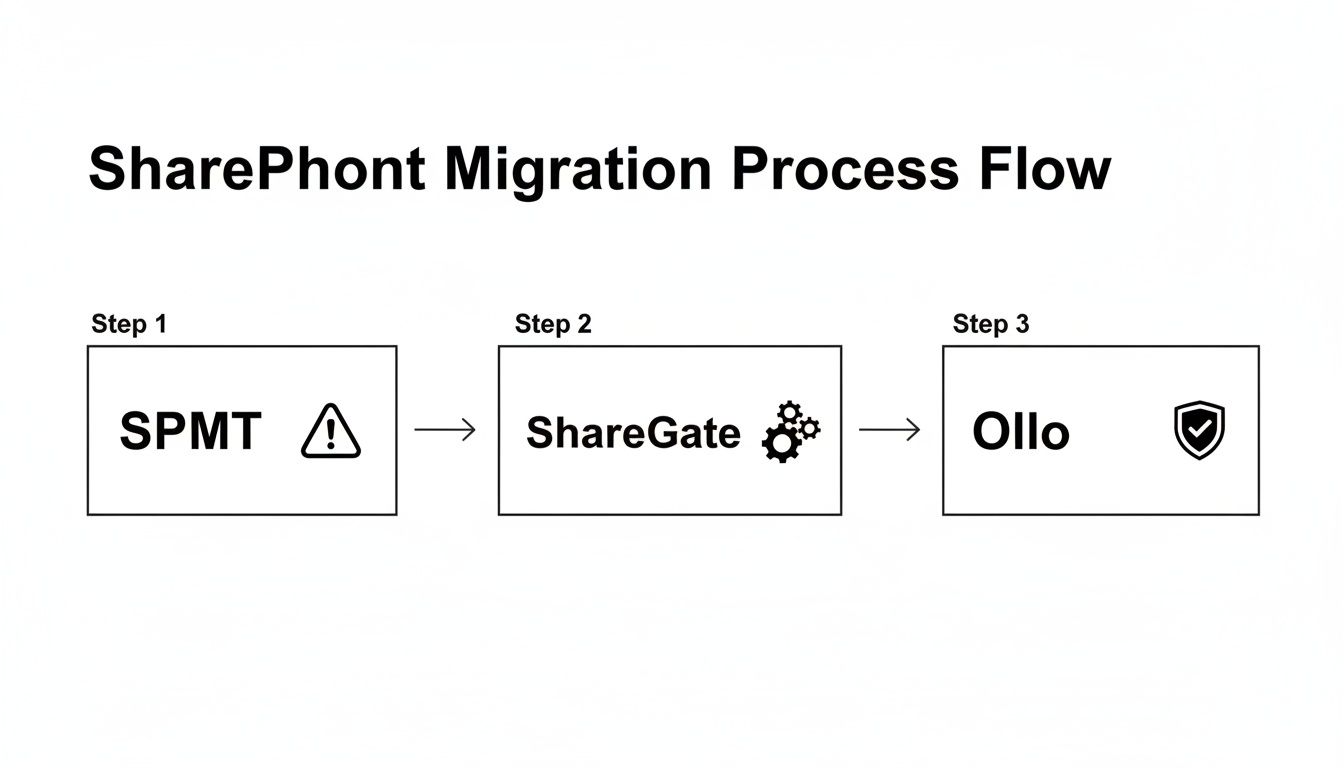 Diagram outlining a SharePhont migration process flow: SPMT (warning), ShareGate (gears), and Ollo (security check).