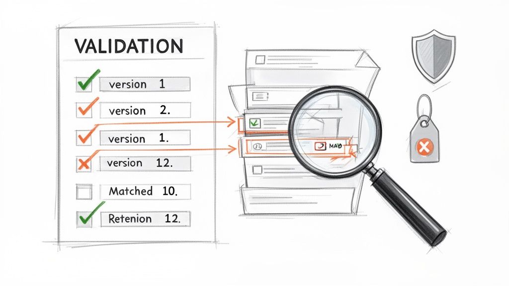 A validation checklist with document versions, checkmarks, and a magnifying glass highlighting an error in files.