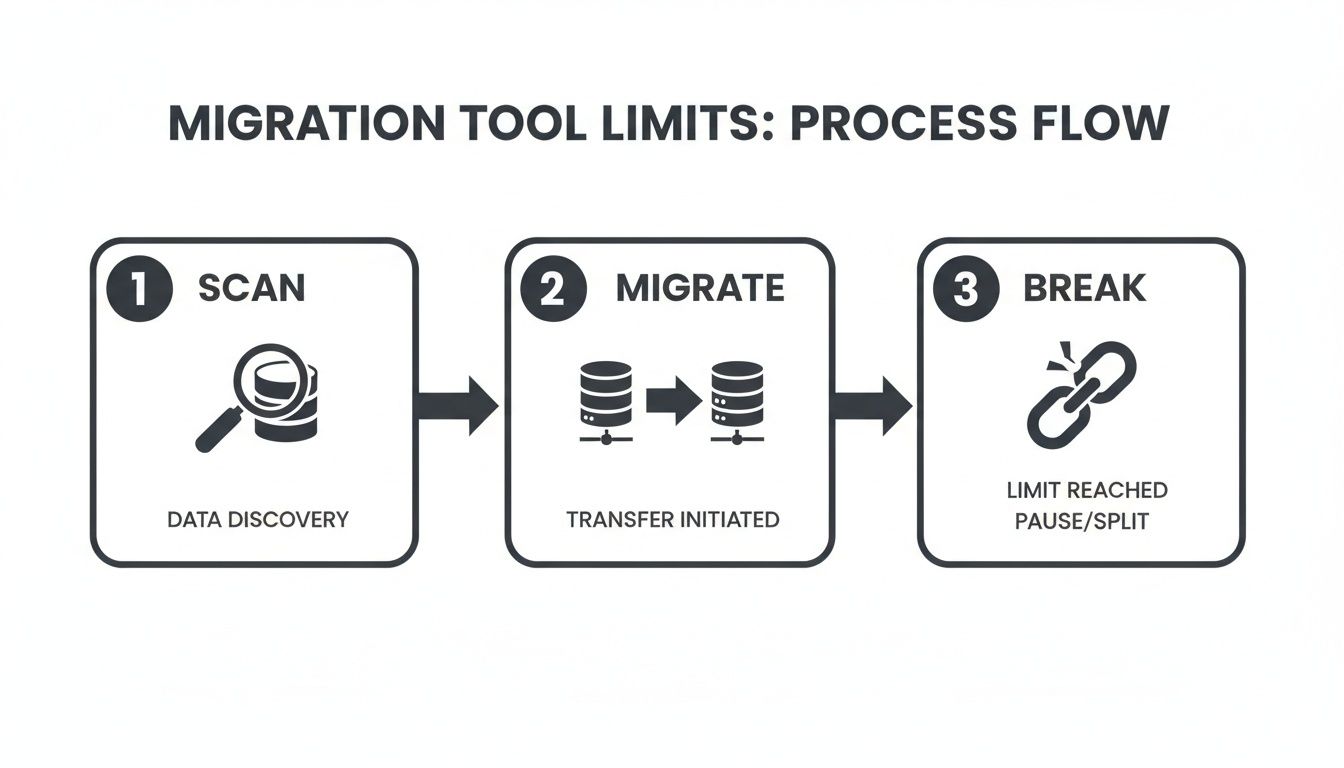 A three-step process flow diagram illustrating migration tool limits with scan, migrate, and break stages.