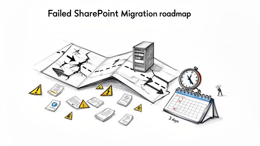 Sketch of a cracked roadmap with warning signs, server, documents, and a calendar, representing a failed SharePoint migration.