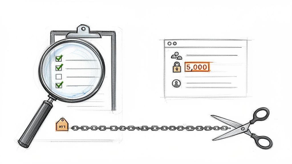 An illustration shows a checklist being reviewed, a chain being cut by scissors, and a secure data field with '5,000'.