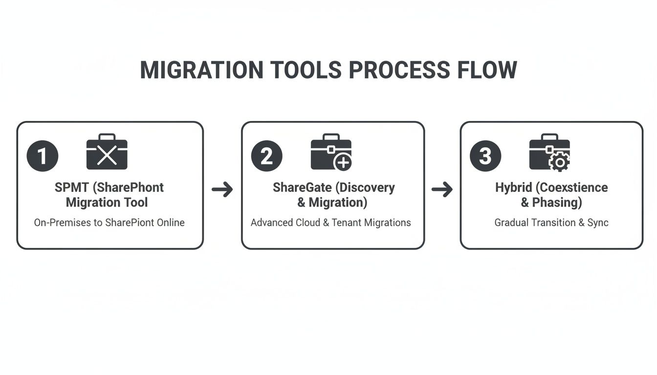 Migration tools process flow detailing SPMT, ShareGate, and hybrid strategies for SharePoint migrations.