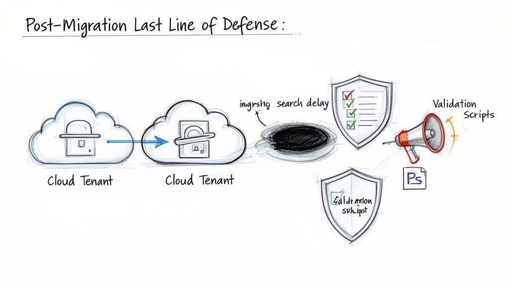 Diagram illustrating a post-migration last line of defense strategy with cloud tenants and validation.