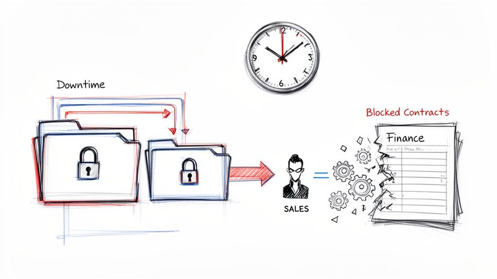 Illustration showing IT downtime causing locked data, affecting sales, and resulting in blocked finance contracts.
