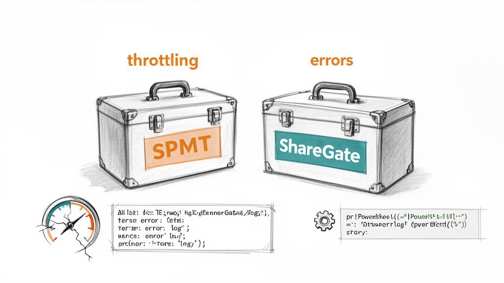 Two toolboxes, one for SPMT and the other for ShareGate, illustrate throttling and errors.