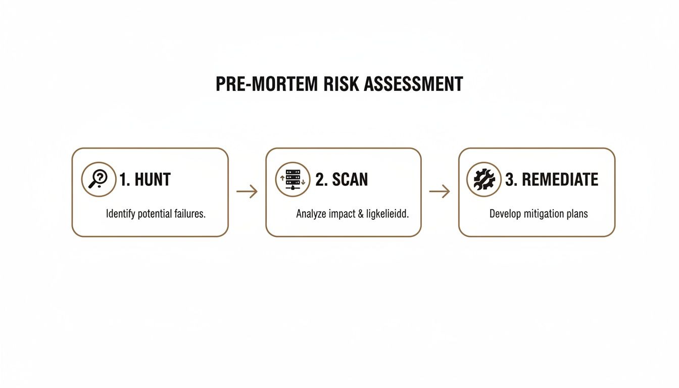 Flowchart illustrating a pre-mortem risk assessment process with three steps: Hunt, Scan, and Remediate.