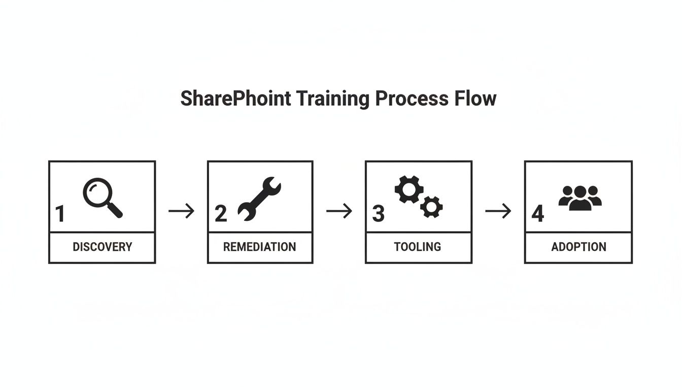 A four-step SharePoint Training Process Flow showing discovery, remediation, tooling, and adoption stages.