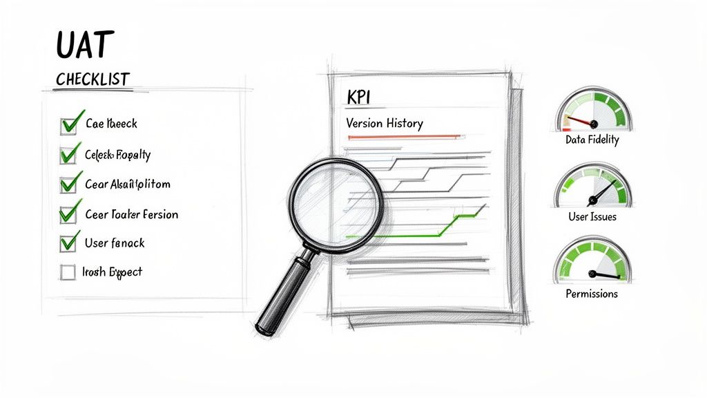 A hand-drawn sketch showing a UAT checklist, KPI version history chart, and performance gauges.
