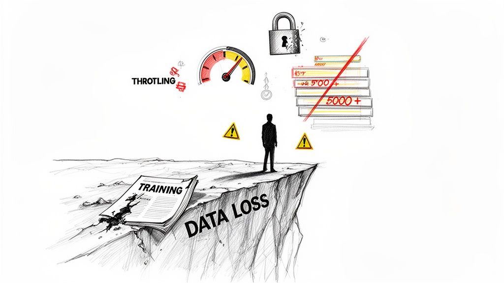 Illustration of challenges including data loss, throttling, and failed training on a cliff edge.