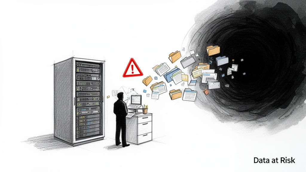 Illustration of data leaving a server and user, flowing into a dark void, symbolizing data risk.
