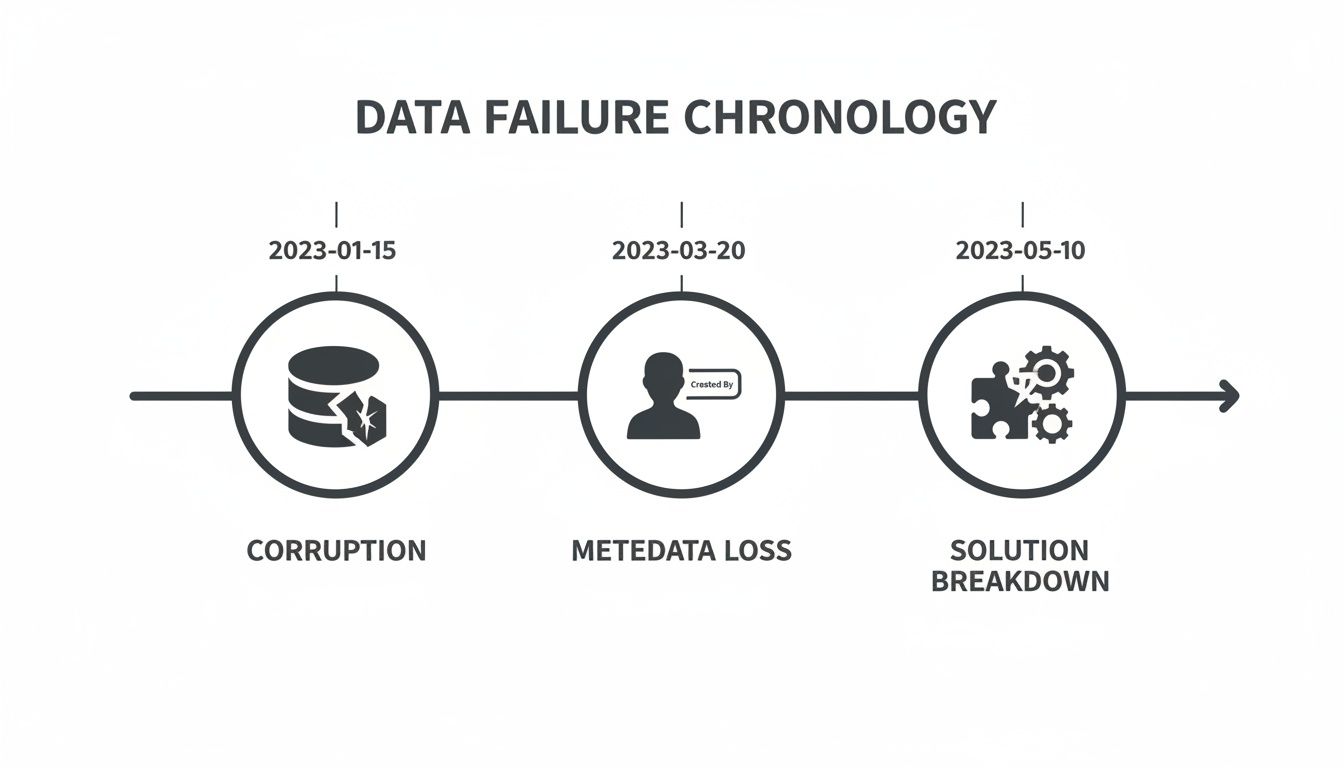 Timeline illustrating a data failure chronology with events: corruption, metadata loss, and solution breakdown.