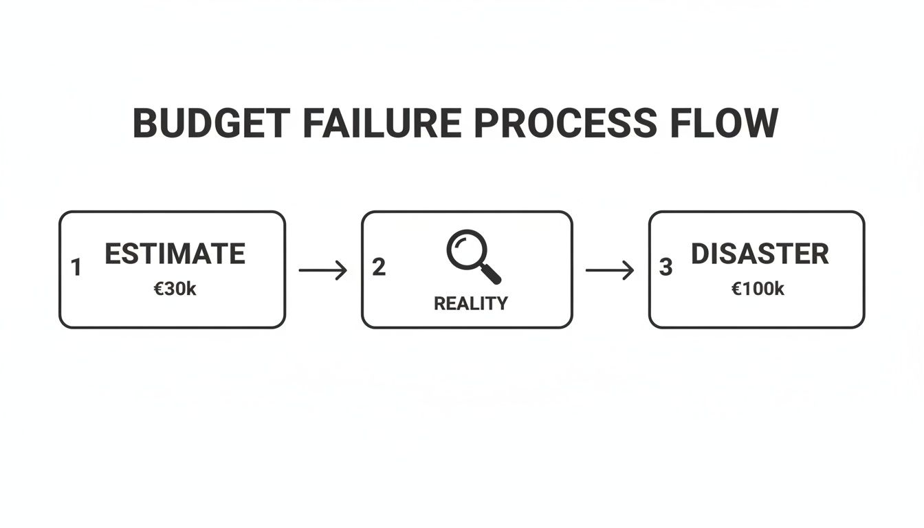 A flow chart illustrating a budget failure process, showing steps from estimate (€30k) through reality to disaster (€100k).