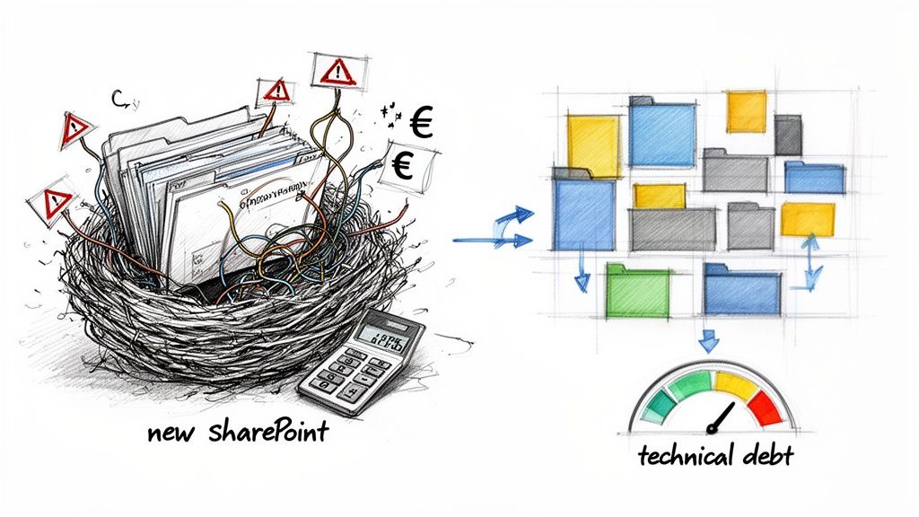 Illustration showing a messy 'new SharePoint' system leading to high 'technical debt'.