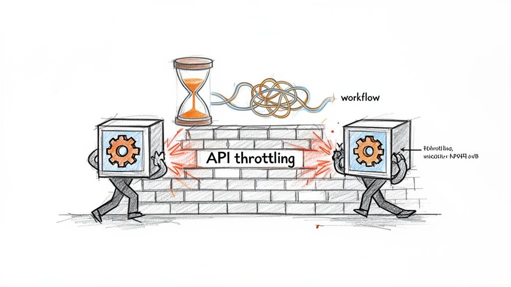 Illustration of two figures encountering an 'API throttling' brick wall, delaying a 'workflow' with an hourglass.