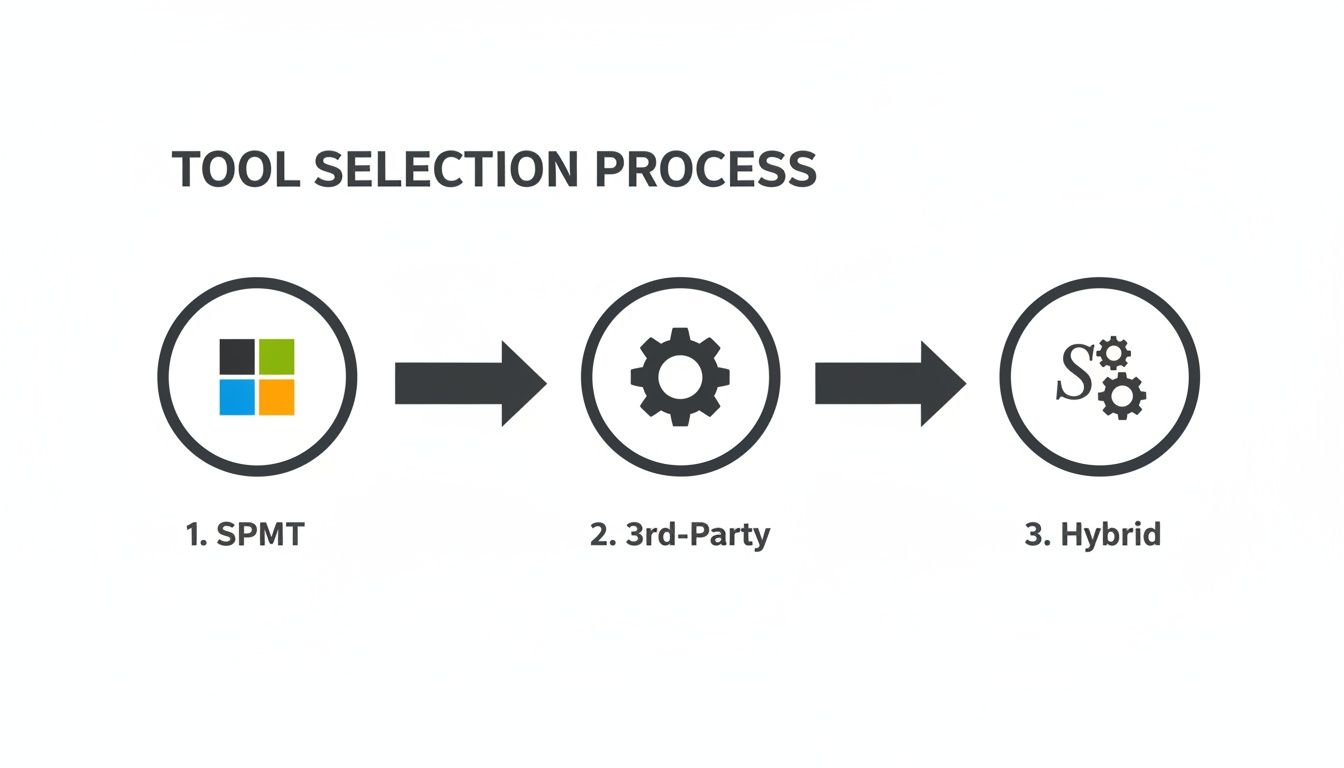 Diagram showing the tool selection process with three options: SPMT, 3rd-Party, and Hybrid solutions.