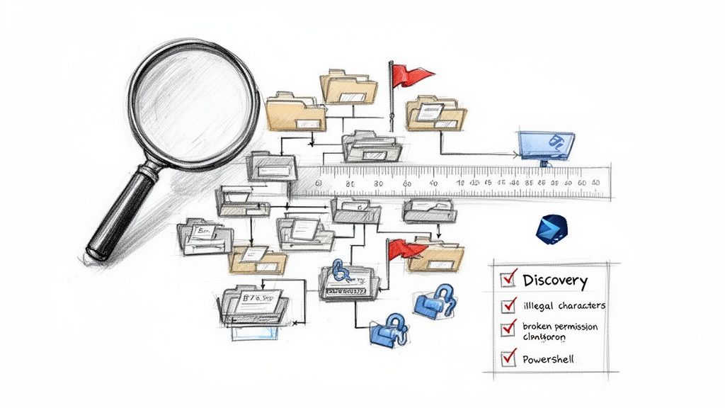 Magnifying glass over a file system with folders, locks, flags, and a checklist for data discovery challenges.