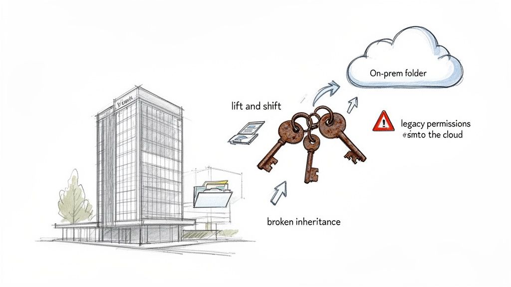 Illustration detailing challenges of migrating on-premise folder permissions to the cloud, highlighting legacy issues.