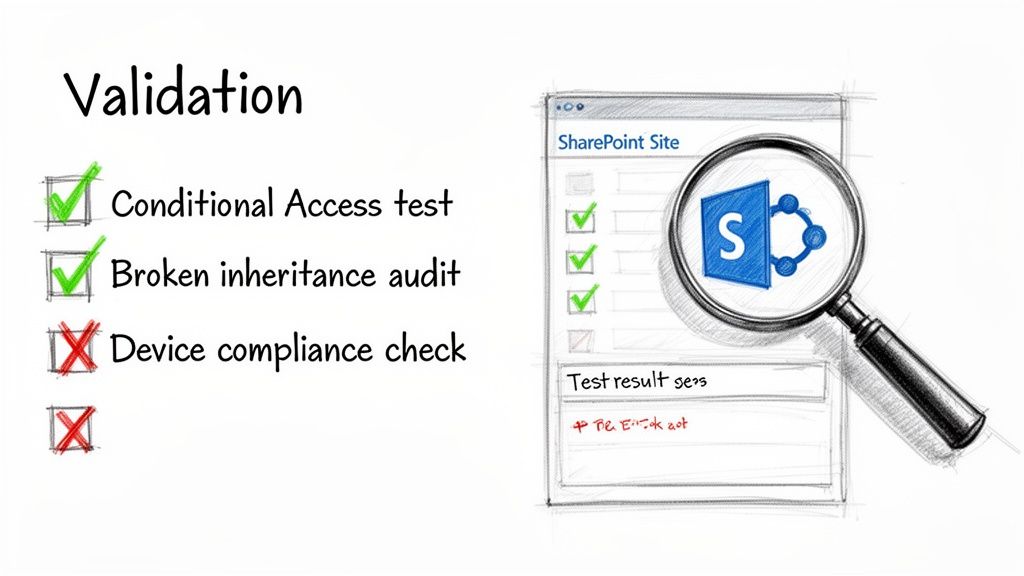 A validation checklist shows Conditional Access and Broken Inheritance passed, but Device Compliance failed, alongside a SharePoint site audit.