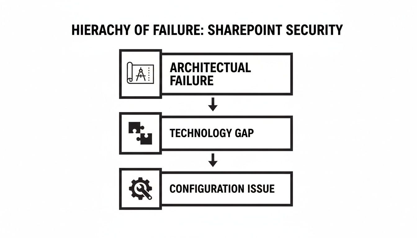 A hierarchy diagram titled 'Hierarchy of Failure: SharePoint Security', showing Architectural Failure, Technology Gap, and Configuration Issue.
