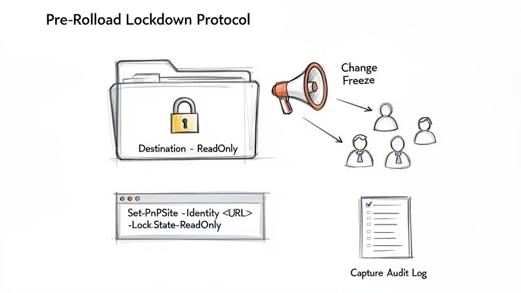 Pre-rollout lockdown protocol diagram: destination set to read-only, change freeze announced, and audit log captured.