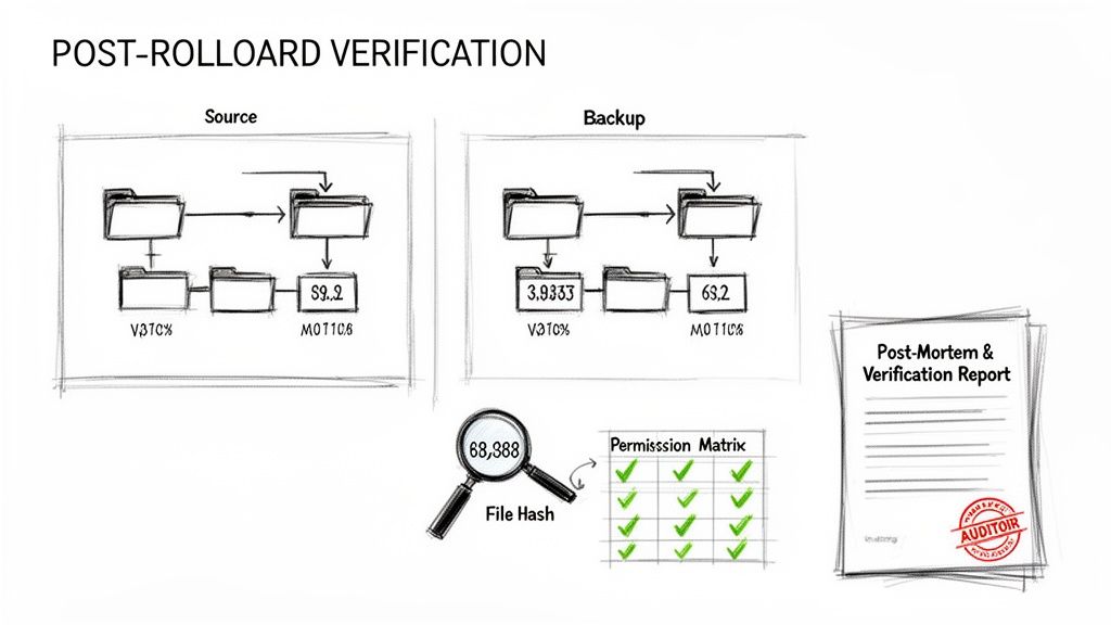 Diagram of post-rollback verification, showing source vs. backup data, file hashes, permission matrix, and a verification report.