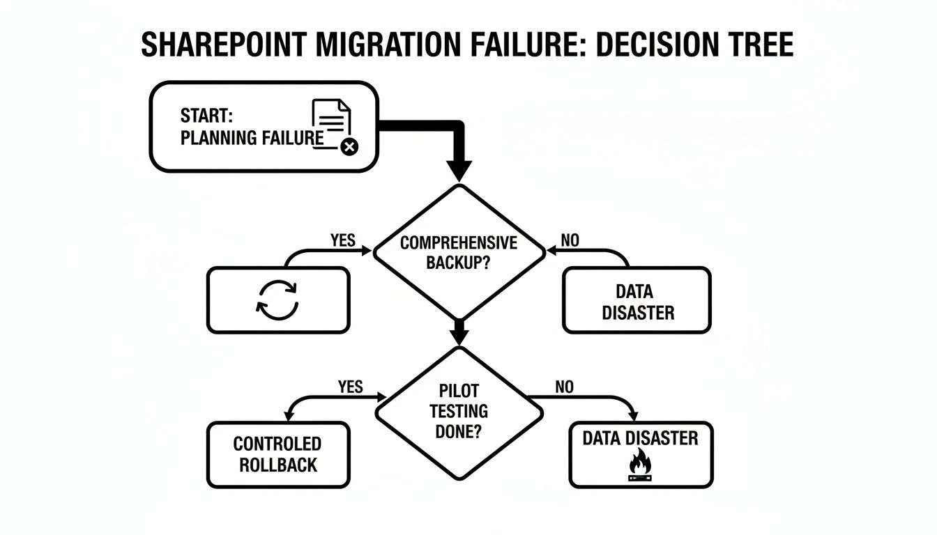 A decision tree flowchart illustrating paths and outcomes after a SharePoint migration failure, based on backup and testing.