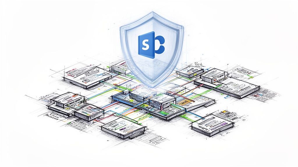 A digital illustration showing a SharePoint security shield symbol hovering over a stylized network architecture diagram.