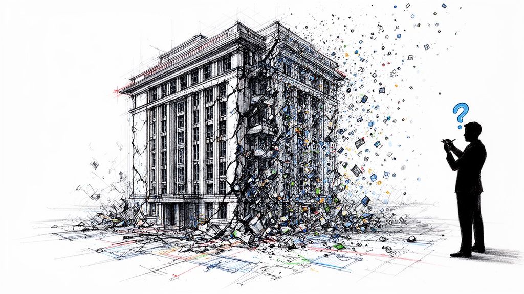 A silhouette of an architect looking at a crumbling building concept, representing modern cloud migration challenges.