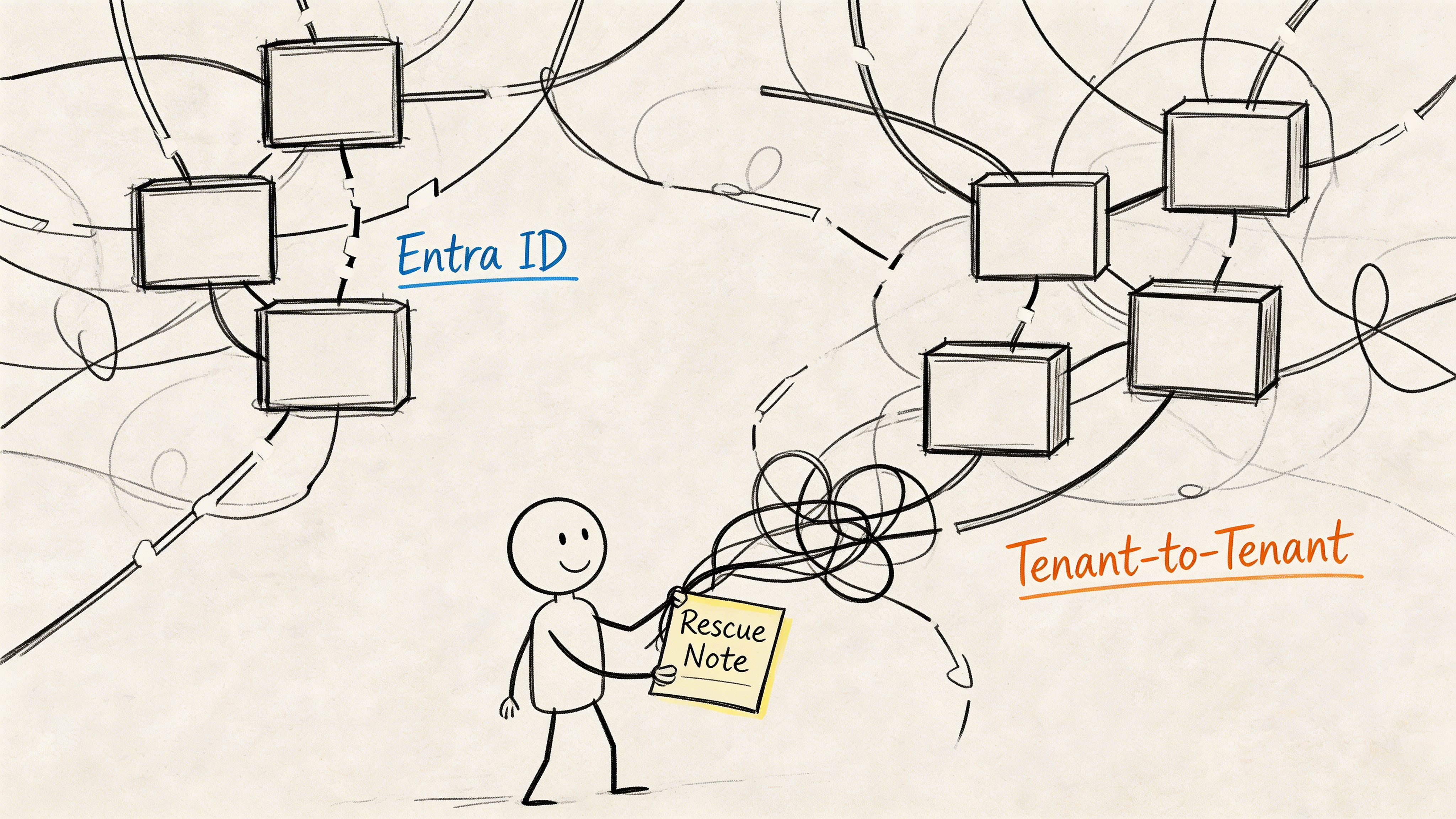 A hand-drawn illustration depicting a stick figure holding a rescue note to simplify complex tenant-to-tenant migrations.