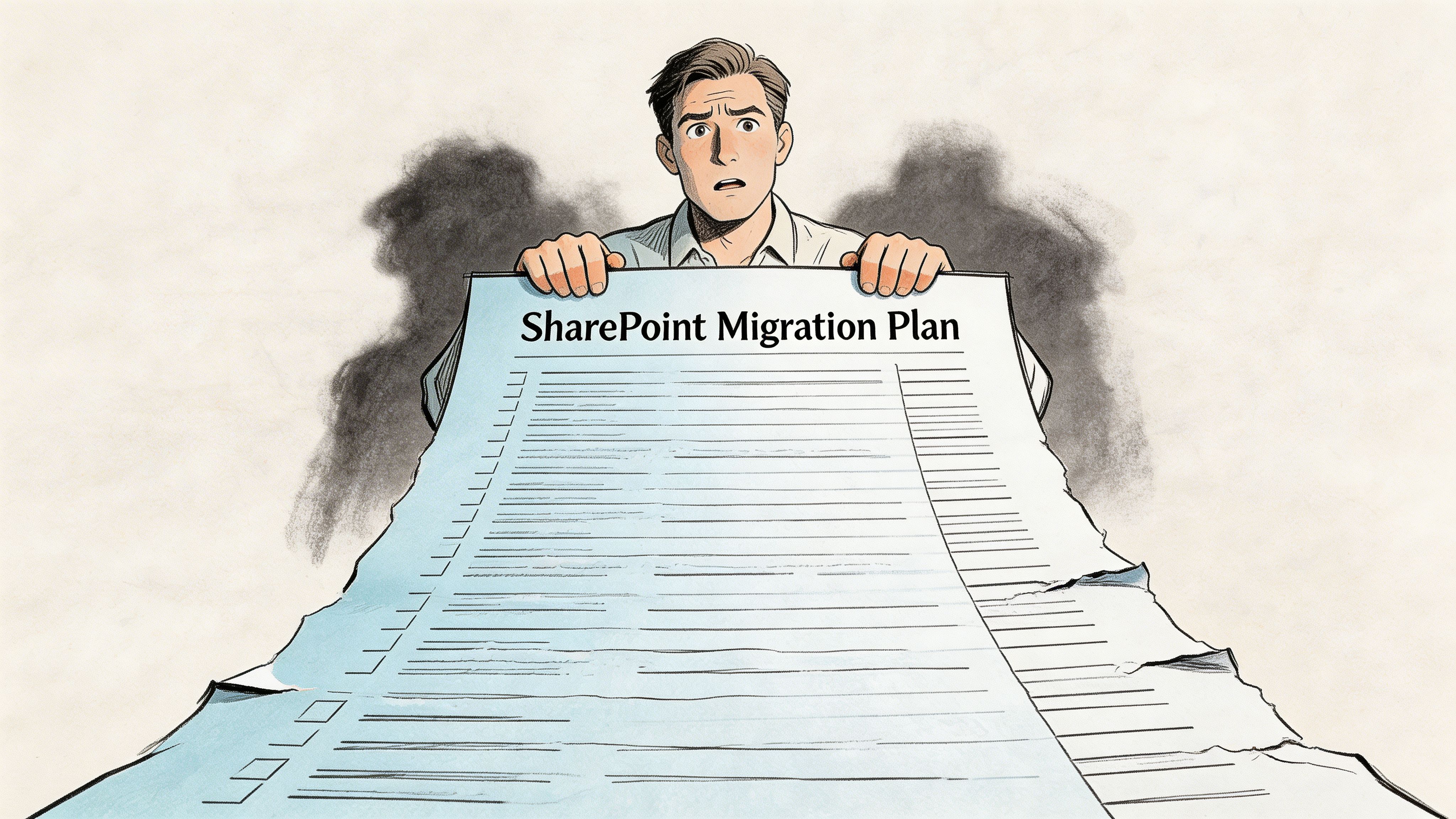 A worried man holds a long document titled SharePoint Migration Plan while looking overwhelmed at his desk.