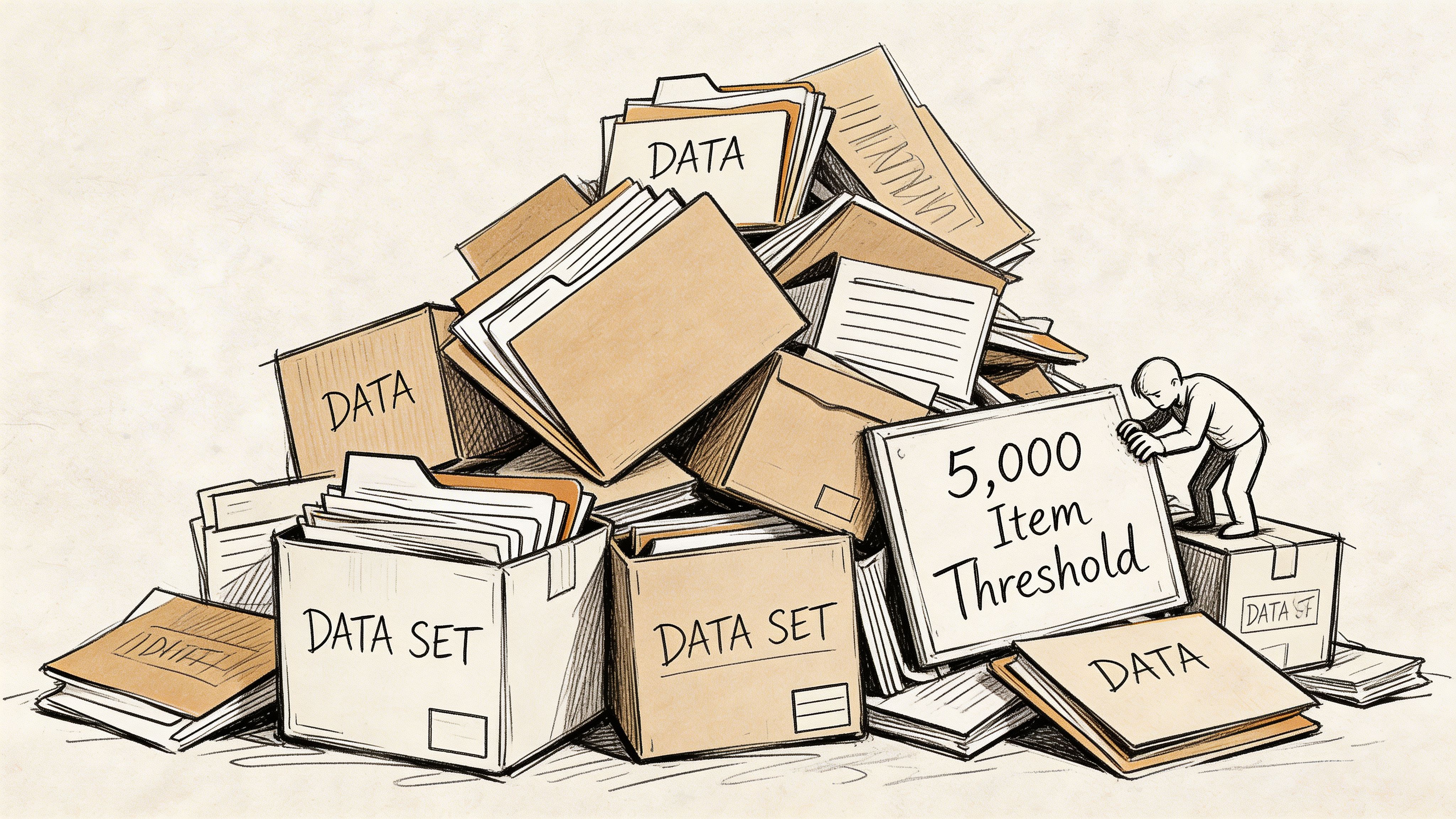 A person standing on a box next to a large, cluttered pile of labeled data file folders.