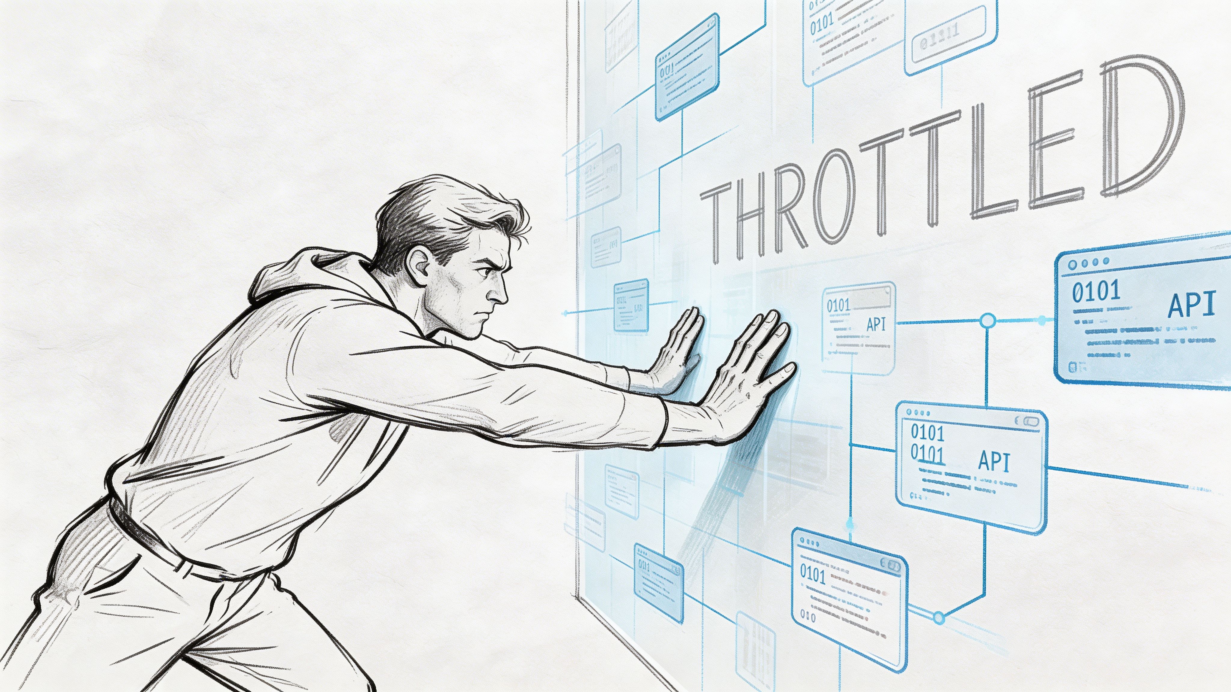 A line art illustration of a man pushing against a digital wall displaying the word Throttled and API panels.