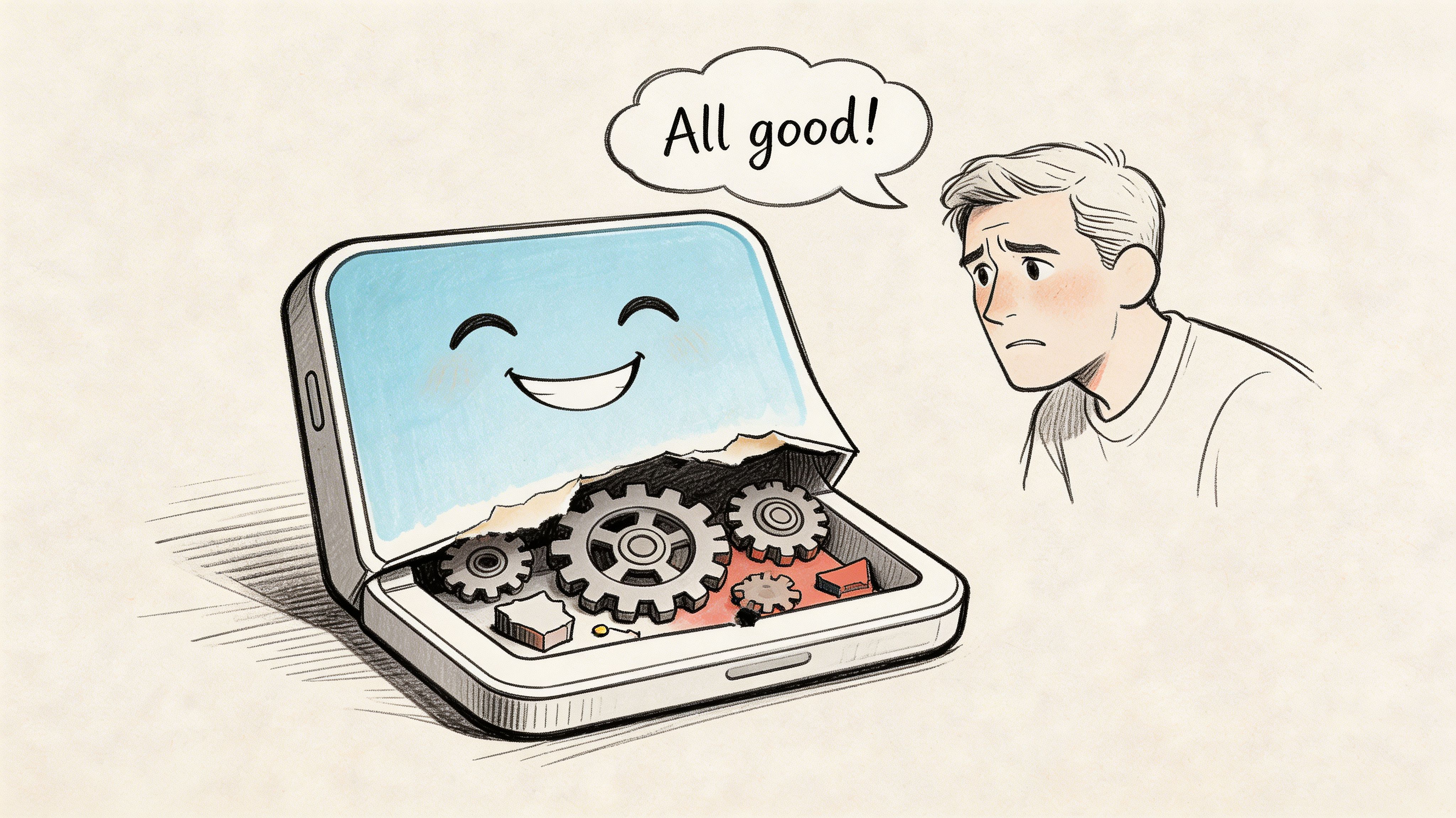 An illustration showing a smiling broken laptop with exposed gears while a worried man looks on.